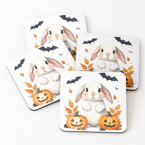 Item preview, Creamy white Halloween Holland lop bunny with pumpkins and bats designed and sold by LiskoDesign.