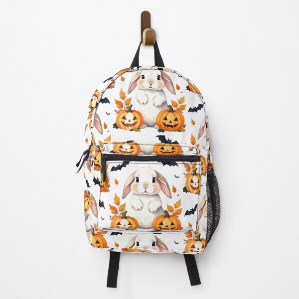 Item preview, Creamy white Halloween Holland lop bunny with pumpkins and bats designed and sold by LiskoDesign.