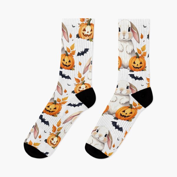 Item preview, Creamy white Halloween Holland lop bunny with pumpkins and bats designed and sold by LiskoDesign.