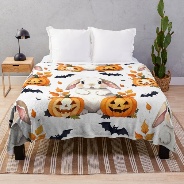 Item preview, Creamy white Halloween Holland lop bunny with pumpkins and bats designed and sold by LiskoDesign.