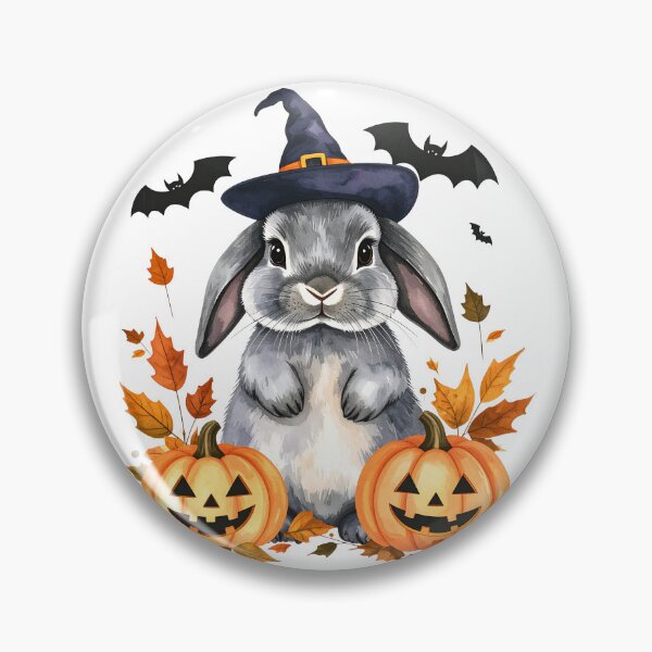 Item preview, Grey Halloween bunny with witch hat, pumpkins and bats designed and sold by LiskoDesign.