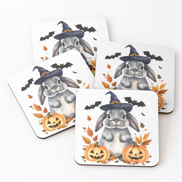 Item preview, Grey Halloween bunny with witch hat, pumpkins and bats designed and sold by LiskoDesign.