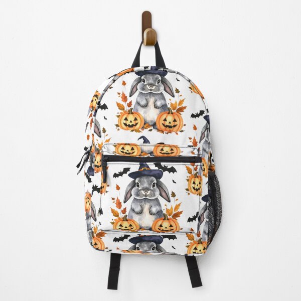 Item preview, Grey Halloween bunny with witch hat, pumpkins and bats designed and sold by LiskoDesign.