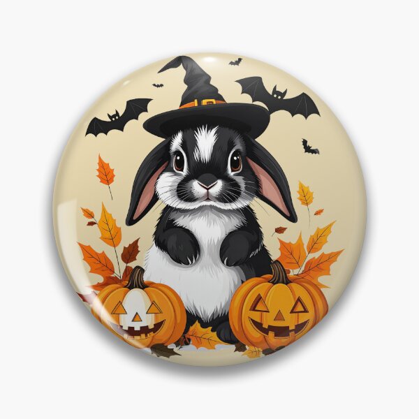 Item preview, Black and white Halloween bunny with witch hat, pumpkins and bats designed and sold by LiskoDesign.