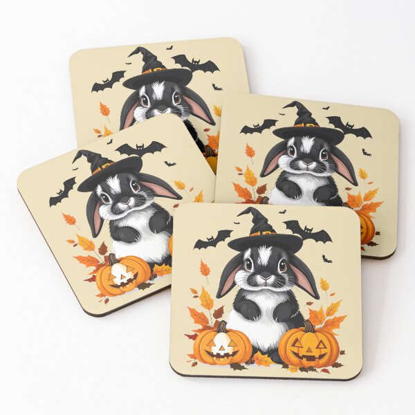 Item preview, Black and white Halloween bunny with witch hat, pumpkins and bats designed and sold by LiskoDesign.