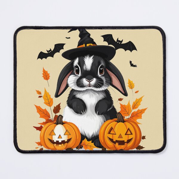 Artikelvorschau, Schwarzweiß Halloween Hase mit Hexenhut, Kürbisse und Fledermäusen entworfen und verkauft von LiskoDesign.