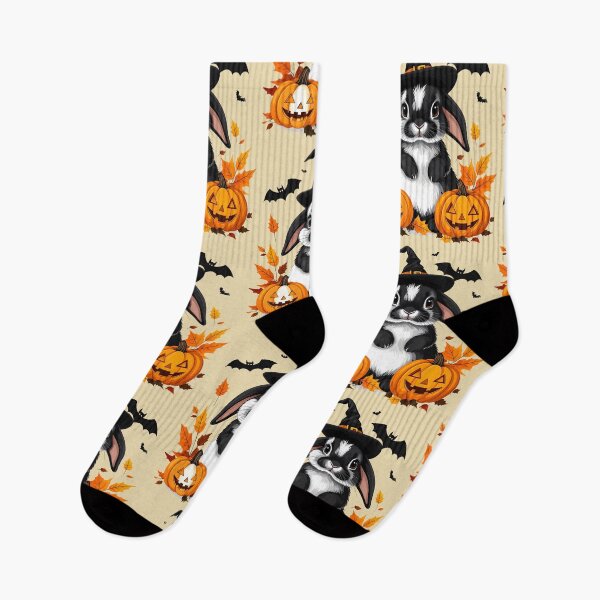 Item preview, Black and white Halloween bunny with witch hat, pumpkins and bats designed and sold by LiskoDesign.