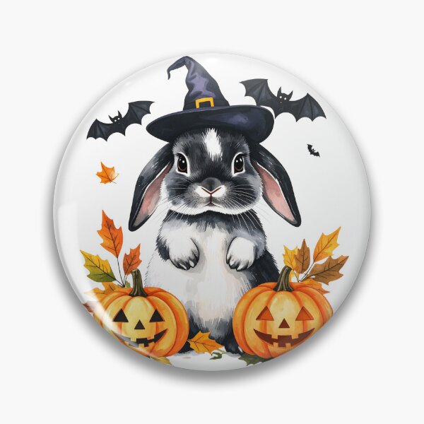 Item preview, Grey and white Halloween bunny with witch hat, pumpkins and bats designed and sold by LiskoDesign.