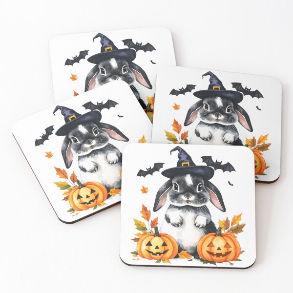 Item preview, Grey and white Halloween bunny with witch hat, pumpkins and bats designed and sold by LiskoDesign.