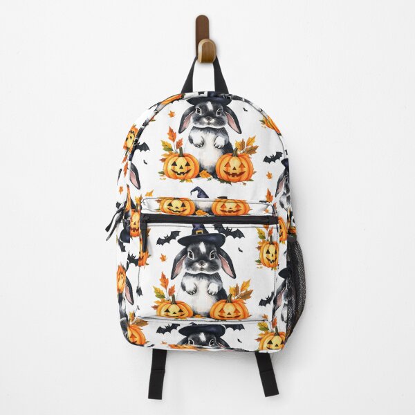 Item preview, Grey and white Halloween bunny with witch hat, pumpkins and bats designed and sold by LiskoDesign.