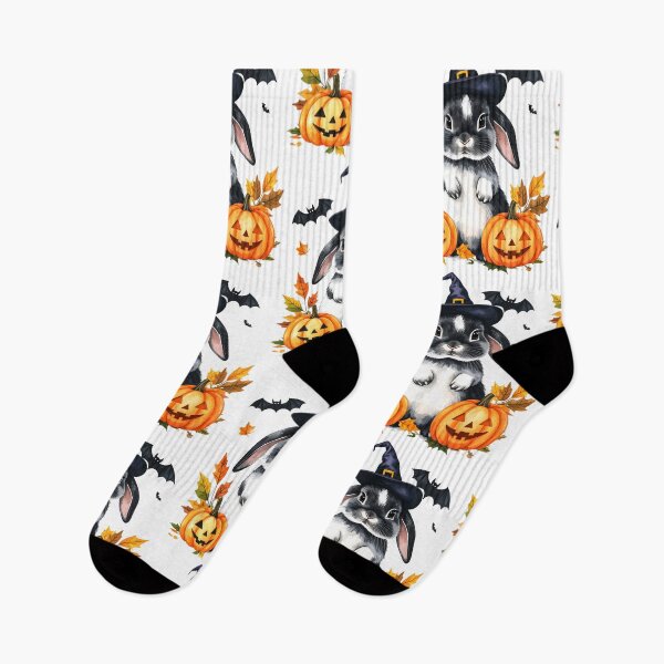 Item preview, Grey and white Halloween bunny with witch hat, pumpkins and bats designed and sold by LiskoDesign.