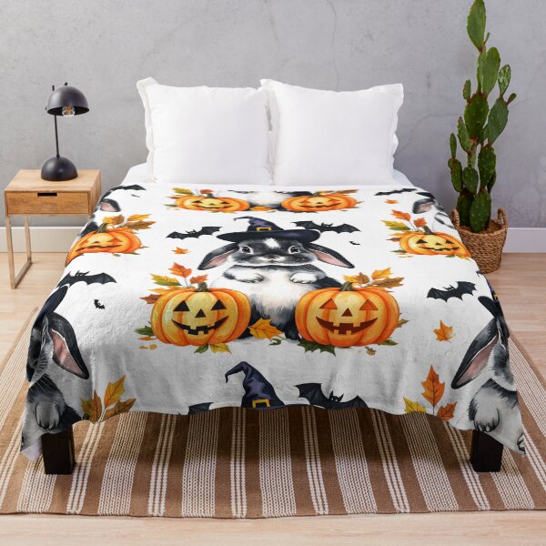Item preview, Grey and white Halloween bunny with witch hat, pumpkins and bats designed and sold by LiskoDesign.