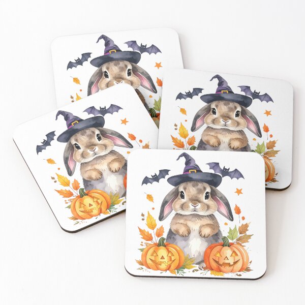 Item preview, Brown Halloween bunny with witch hat, pumpkins and bats designed and sold by LiskoDesign.