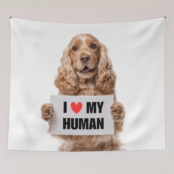 Aperçu de l'œuvre Cocker Spaniel anglais mignon avec panneau « J'aime mon humain » créée et vendue par LazyOwlStore.