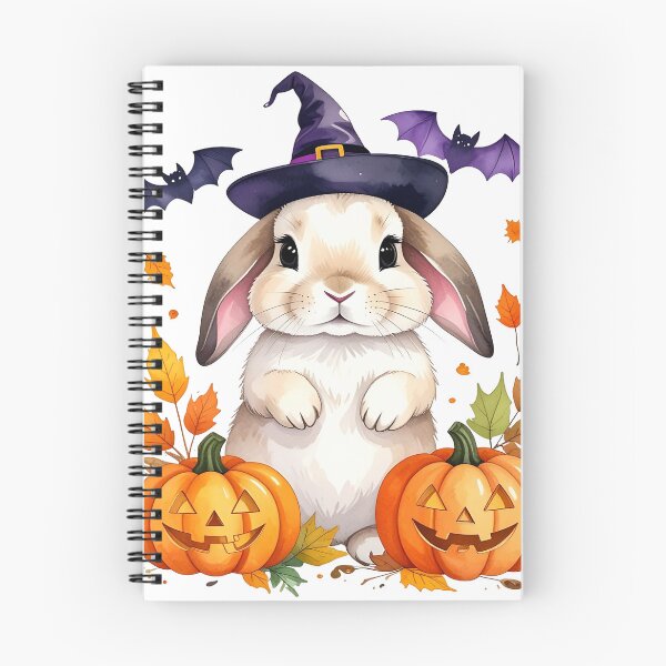 Artikelvorschau, Cremefarben Halloween Hase mit Hexenhut, Kürbisse und Fledermäusen entworfen und verkauft von LiskoDesign.
