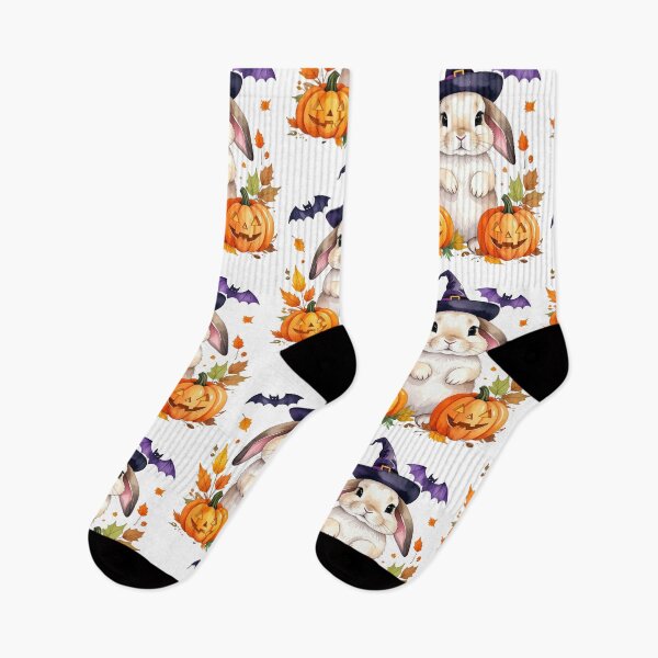 Item preview, Cream-colored Halloween bunny with witch hat, pumpkins and bats designed and sold by LiskoDesign.