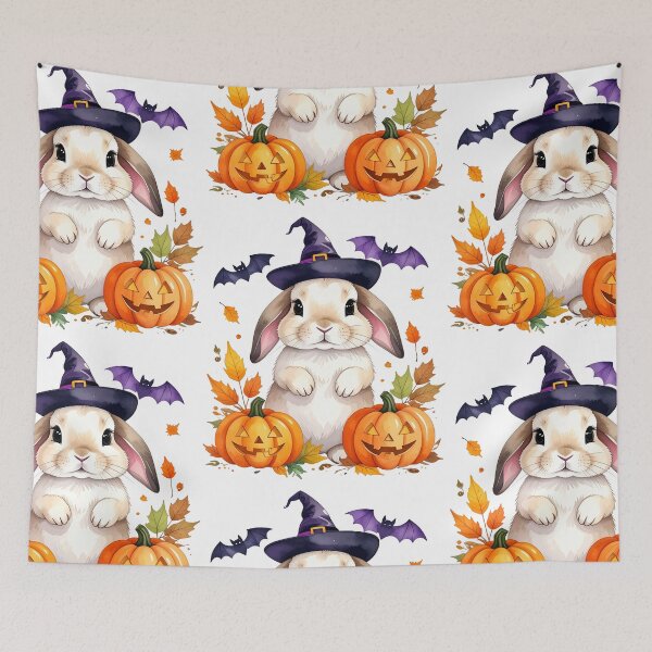 Item preview, Cream-colored Halloween bunny with witch hat, pumpkins and bats designed and sold by LiskoDesign.