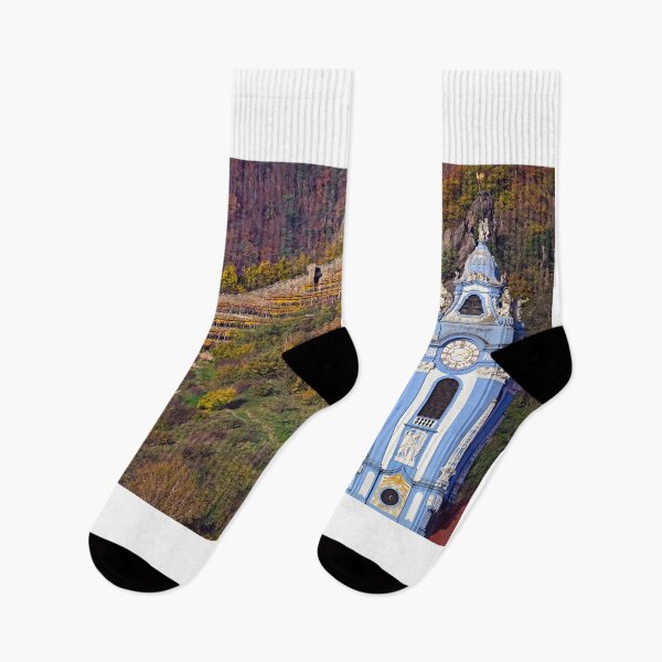 Item preview, Church clock tower and vineyard in background, Durnstein, Wachau Valley, Austria,autumn season designed and sold by goceris.