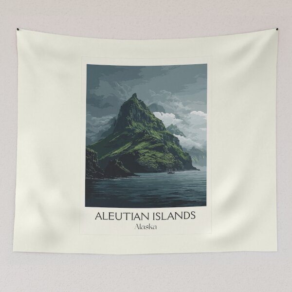 Item preview, Aleutian Islands Alaska Vintage Travel Art | Volcanic Island Landscape Illustration designed and sold by TuncGK.
