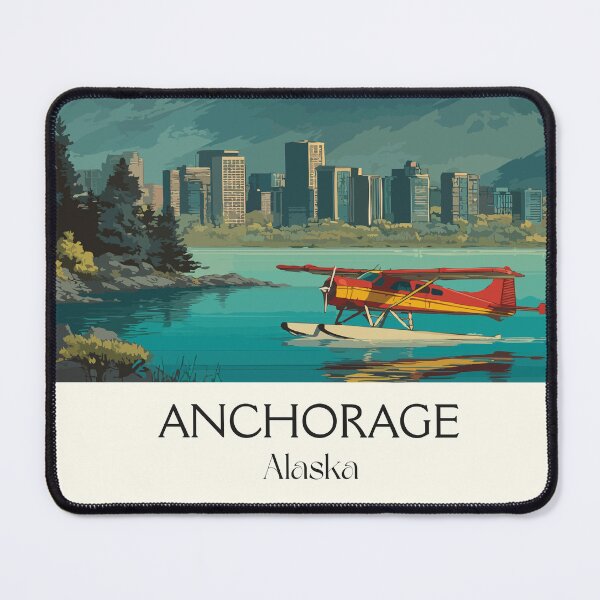Item preview, Anchorage Alaska Retro Travel Design | Cityscape with Seaplane and Mountains Art designed and sold by TuncGK.