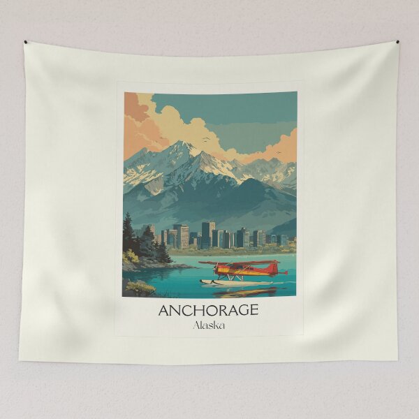 Item preview, Anchorage Alaska Retro Travel Design | Cityscape with Seaplane and Mountains Art designed and sold by TuncGK.