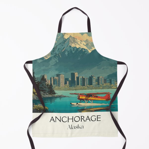Item preview, Anchorage Alaska Retro Travel Design | Cityscape with Seaplane and Mountains Art designed and sold by TuncGK.