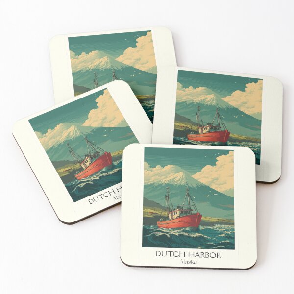 Item preview, Dutch Harbor Alaska Retro Travel Art | Fishing Boat and Volcanic Coastline designed and sold by TuncGK.