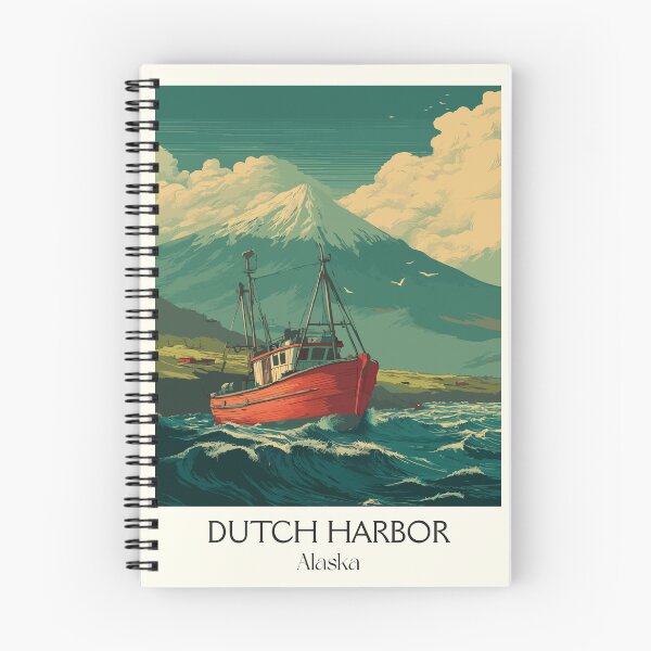 Item preview, Dutch Harbor Alaska Retro Travel Art | Fishing Boat and Volcanic Coastline designed and sold by TuncGK.