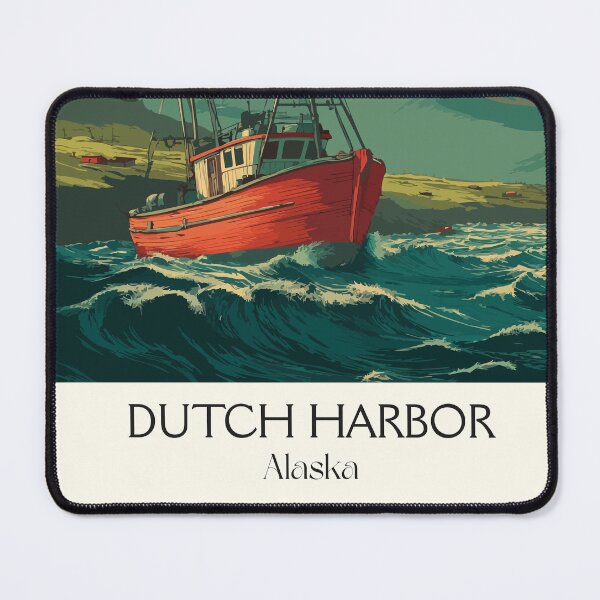 Item preview, Dutch Harbor Alaska Retro Travel Art | Fishing Boat and Volcanic Coastline designed and sold by TuncGK.