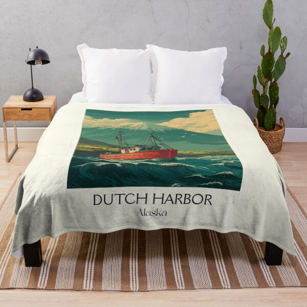 Item preview, Dutch Harbor Alaska Retro Travel Art | Fishing Boat and Volcanic Coastline designed and sold by TuncGK.