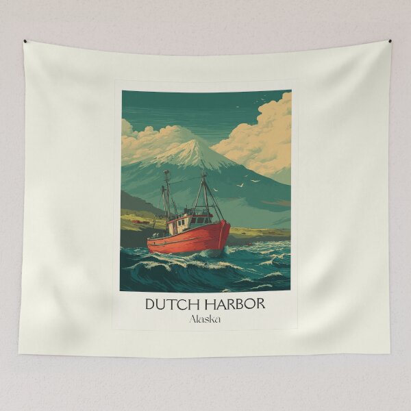 Item preview, Dutch Harbor Alaska Retro Travel Art | Fishing Boat and Volcanic Coastline designed and sold by TuncGK.