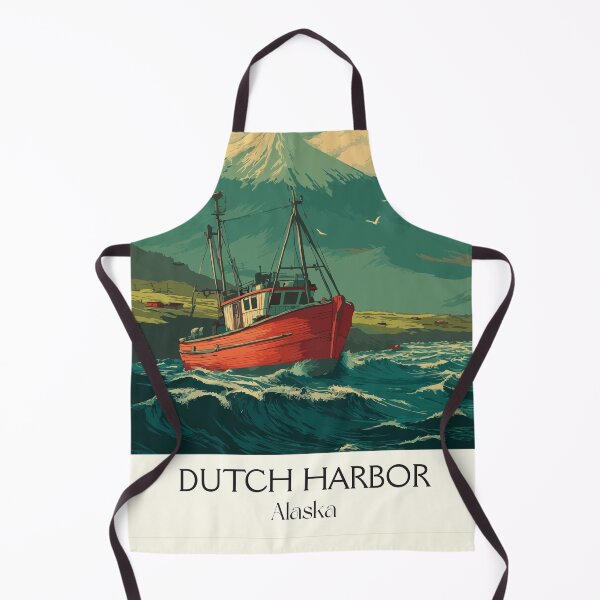 Item preview, Dutch Harbor Alaska Retro Travel Art | Fishing Boat and Volcanic Coastline designed and sold by TuncGK.