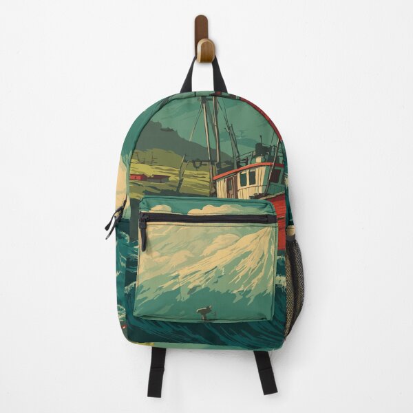 Item preview, Dutch Harbor Alaska Retro Travel Art | Fishing Boat and Volcanic Coastline designed and sold by TuncGK.