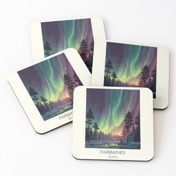 Item preview, Fairbanks Alaska Vintage Travel Art | Aurora Borealis and Forest Illustration designed and sold by TuncGK.