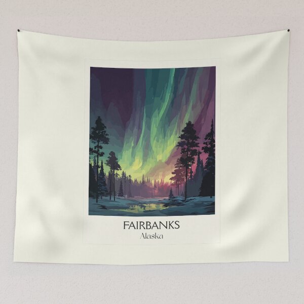 Item preview, Fairbanks Alaska Vintage Travel Art | Aurora Borealis and Forest Illustration designed and sold by TuncGK.