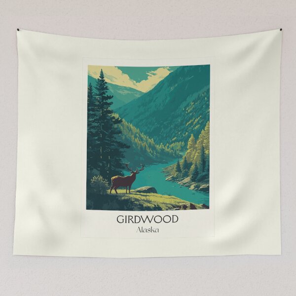 Item preview, Girdwood Alaska Retro Travel Design | Mountain Valley and Wildlife Art designed and sold by TuncGK.