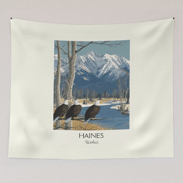 Item preview, Haines Alaska Retro Travel Art | Bald Eagles and Chilkat River Design designed and sold by TuncGK.