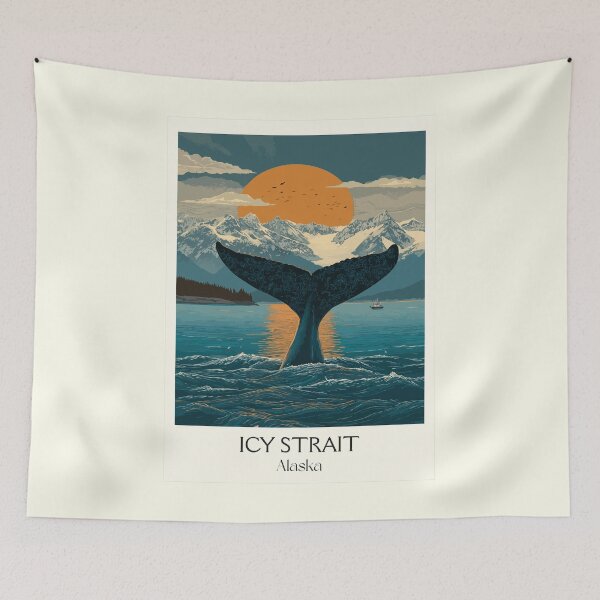 Item preview, Icy Strait Alaska Vintage Travel Design | Humpback Whale and Mountains Art designed and sold by TuncGK.