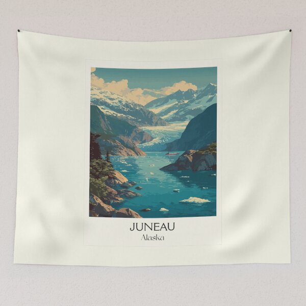 Item preview, Juneau Alaska Vintage Travel Design | Mendenhall Glacier and Cruise Ship Art designed and sold by TuncGK.