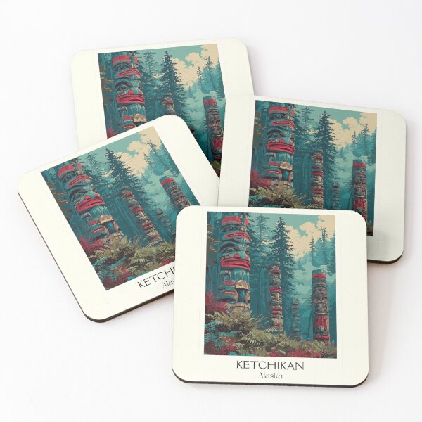 Item preview, Ketchikan Alaska Retro Travel Art | Tlingit Totem Poles in Rainforest Design designed and sold by TuncGK.