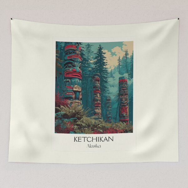 Item preview, Ketchikan Alaska Retro Travel Art | Tlingit Totem Poles in Rainforest Design designed and sold by TuncGK.