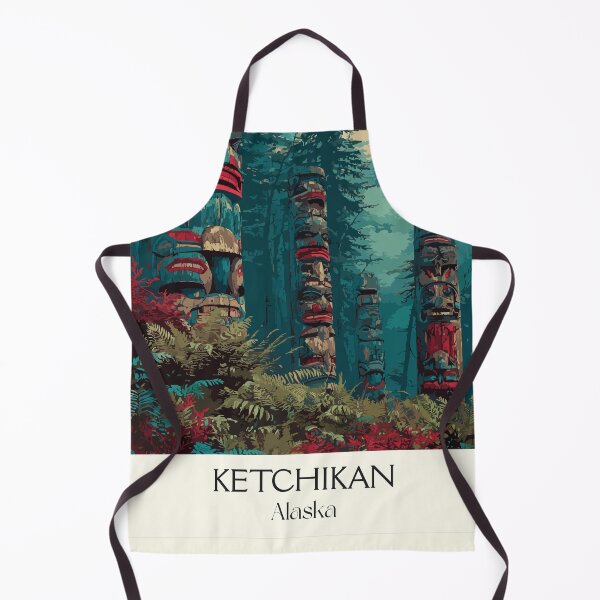 Item preview, Ketchikan Alaska Retro Travel Art | Tlingit Totem Poles in Rainforest Design designed and sold by TuncGK.