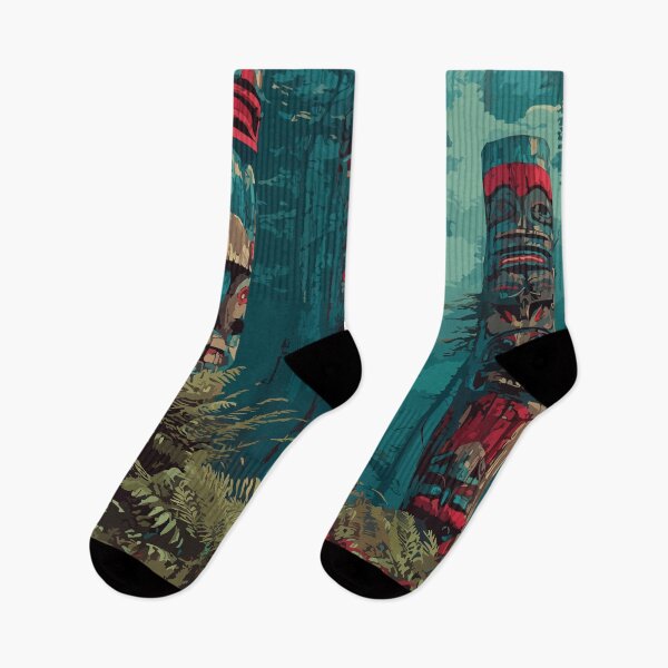 Item preview, Ketchikan Alaska Retro Travel Art | Tlingit Totem Poles in Rainforest Design designed and sold by TuncGK.