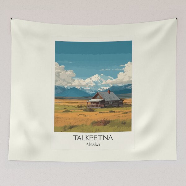 Item preview, Talkeetna Alaska Retro Travel Design | Rustic Cabin and Denali View Art designed and sold by TuncGK.