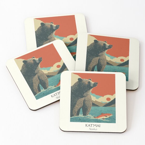 Item preview, Katmai Alaska Vintage Travel Art | National Park Brown Bear and Salmon Design designed and sold by TuncGK.