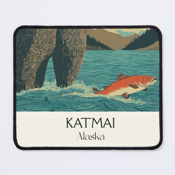 Item preview, Katmai Alaska Vintage Travel Art | National Park Brown Bear and Salmon Design designed and sold by TuncGK.