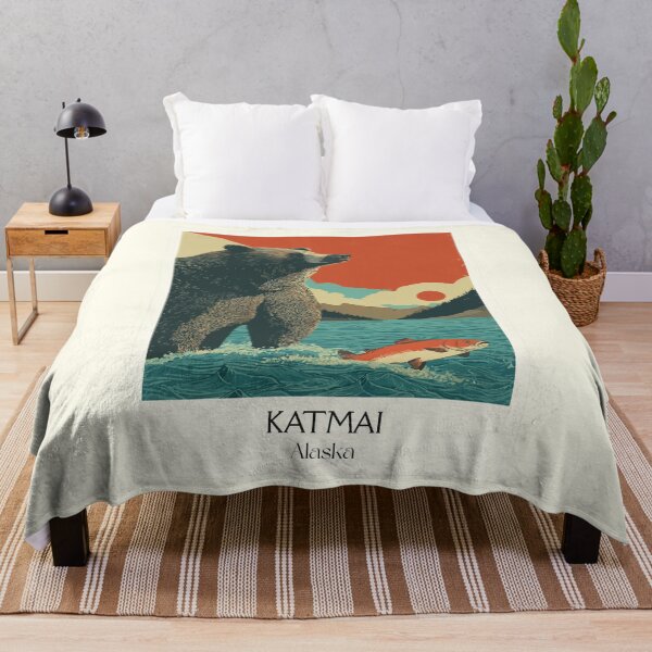 Item preview, Katmai Alaska Vintage Travel Art | National Park Brown Bear and Salmon Design designed and sold by TuncGK.