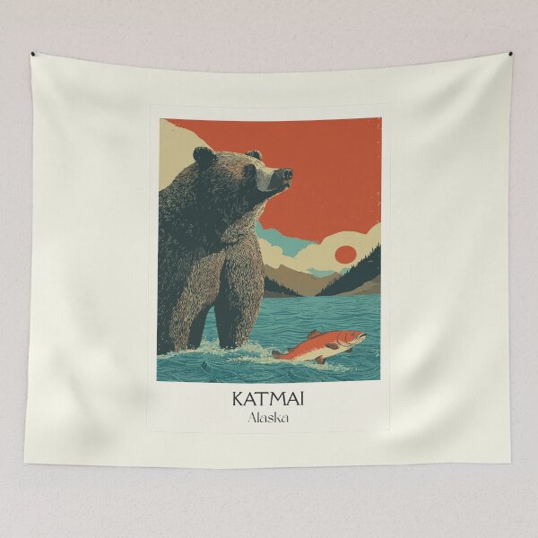 Item preview, Katmai Alaska Vintage Travel Art | National Park Brown Bear and Salmon Design designed and sold by TuncGK.