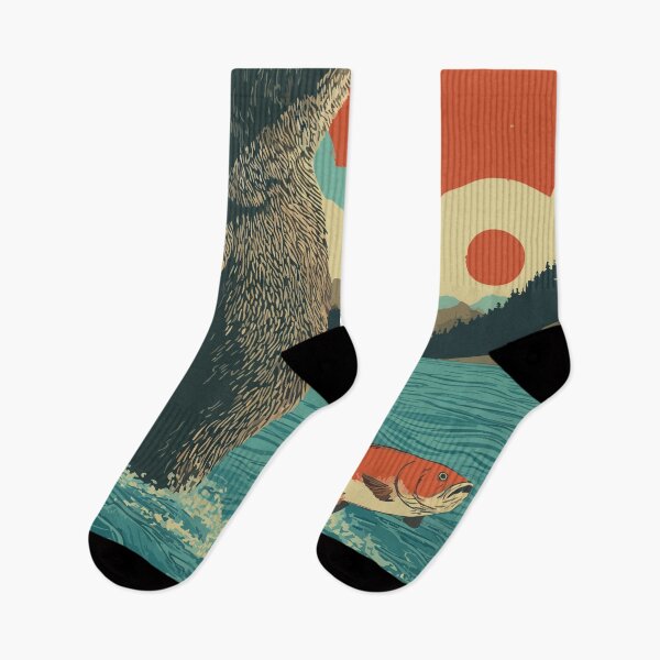 Item preview, Katmai Alaska Vintage Travel Art | National Park Brown Bear and Salmon Design designed and sold by TuncGK.