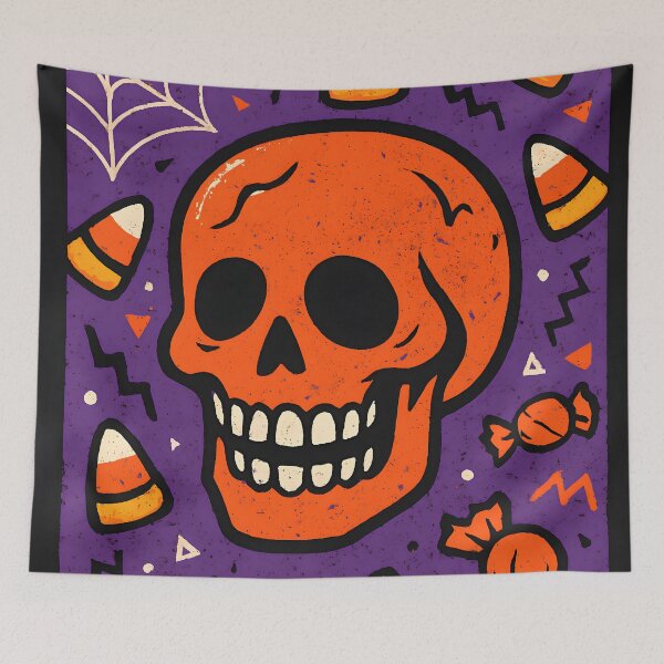 Item preview, Playful Orange Skull With Halloween Candy and Spiderweb designed and sold by PandaTShirtShop.